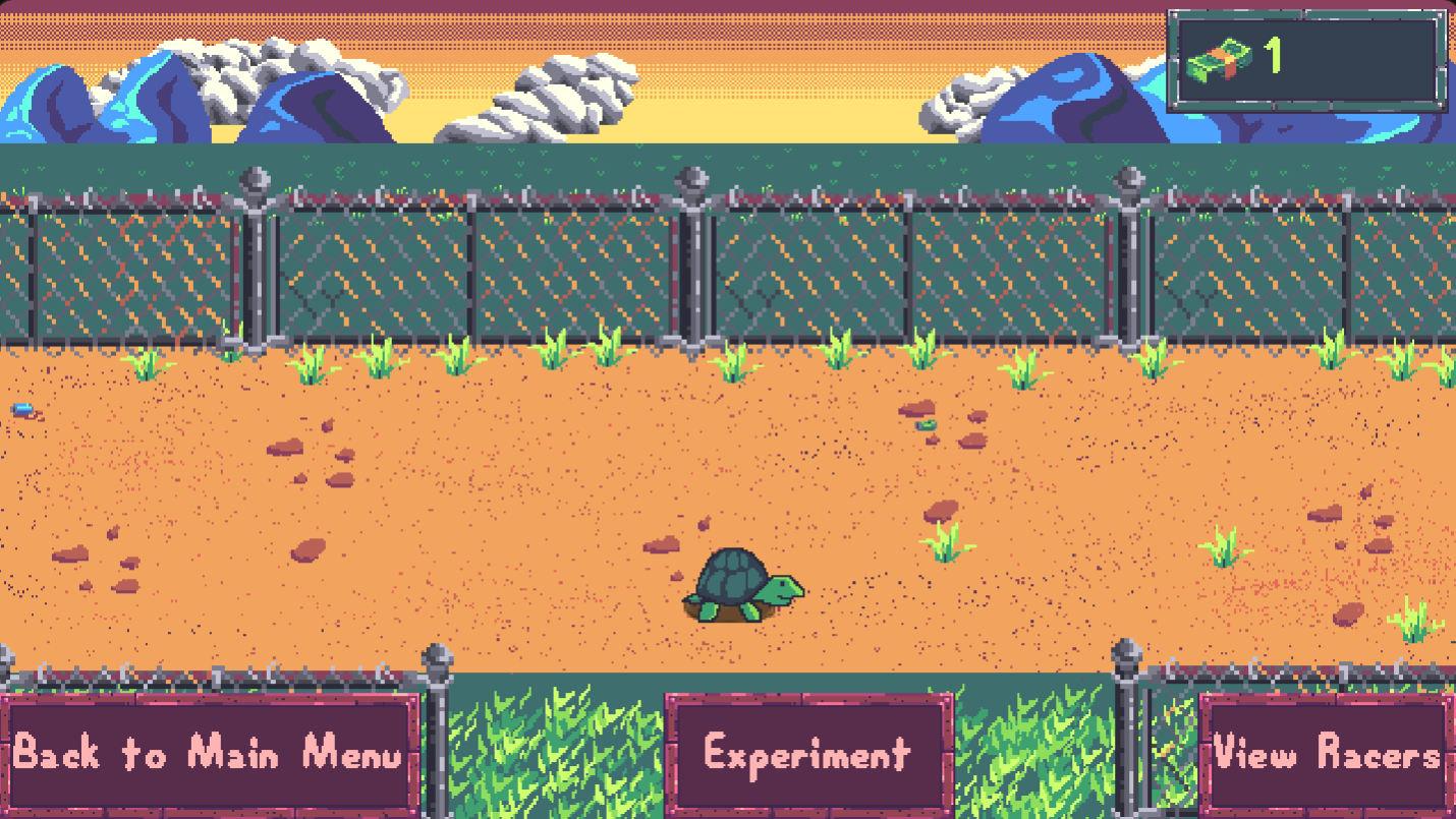 The pen — your current creature, with Experiment and View Racers options