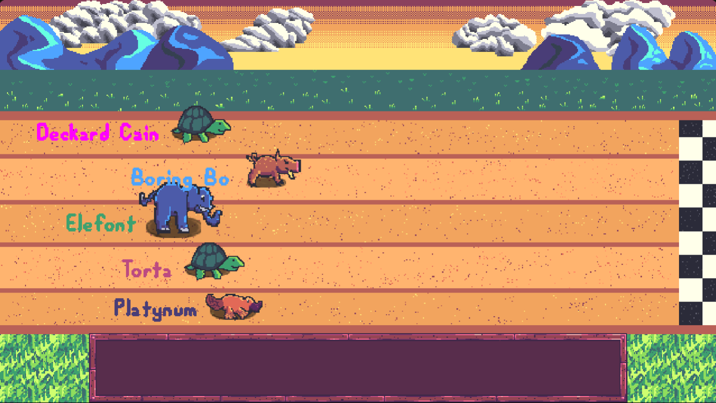 Mid-race — creatures spread across the lanes heading for the checkered finish